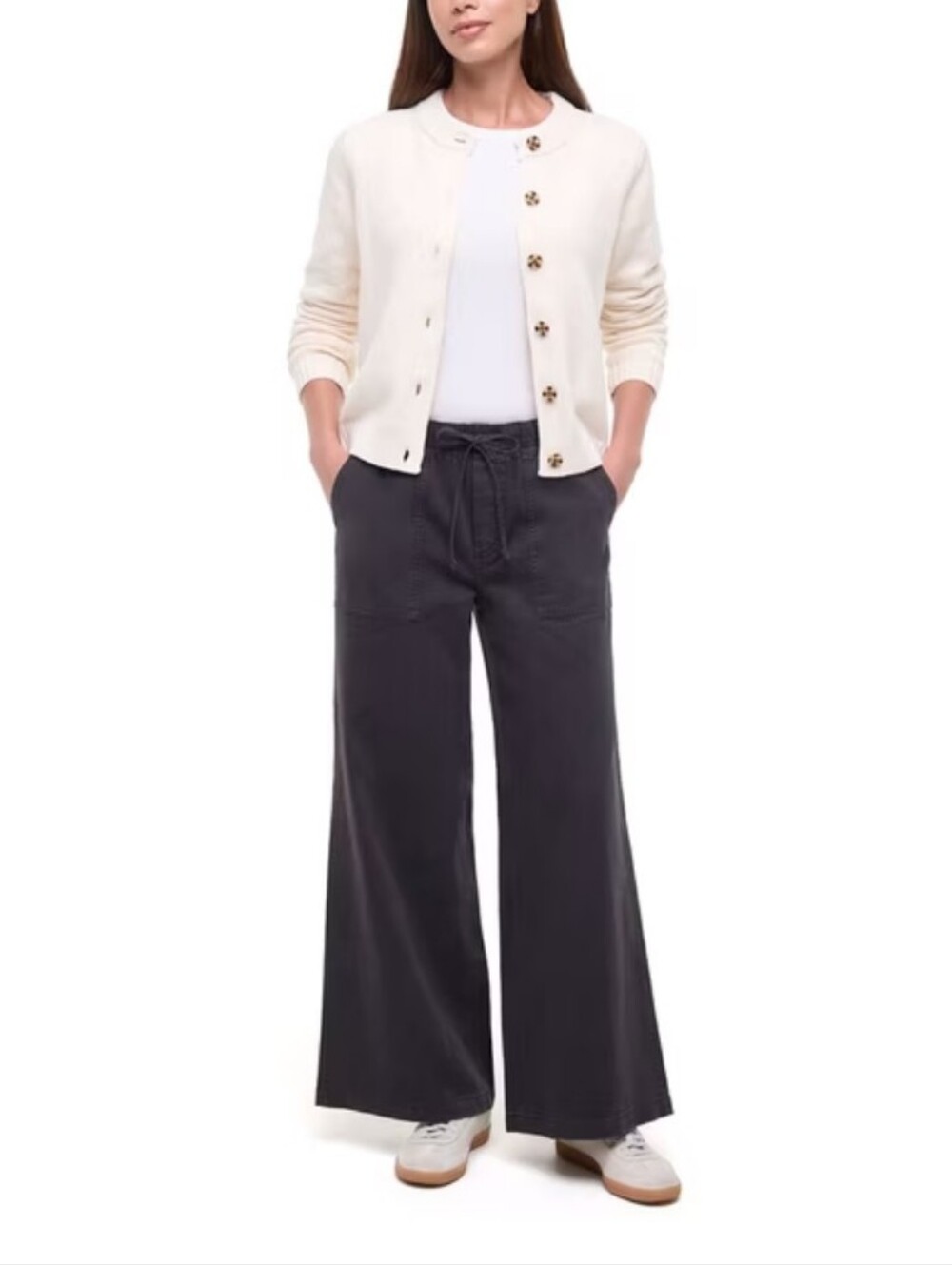 GAP Dark Gray/ Black Wide-Leg Drawstring Twill Utility Pants Women's Medium
